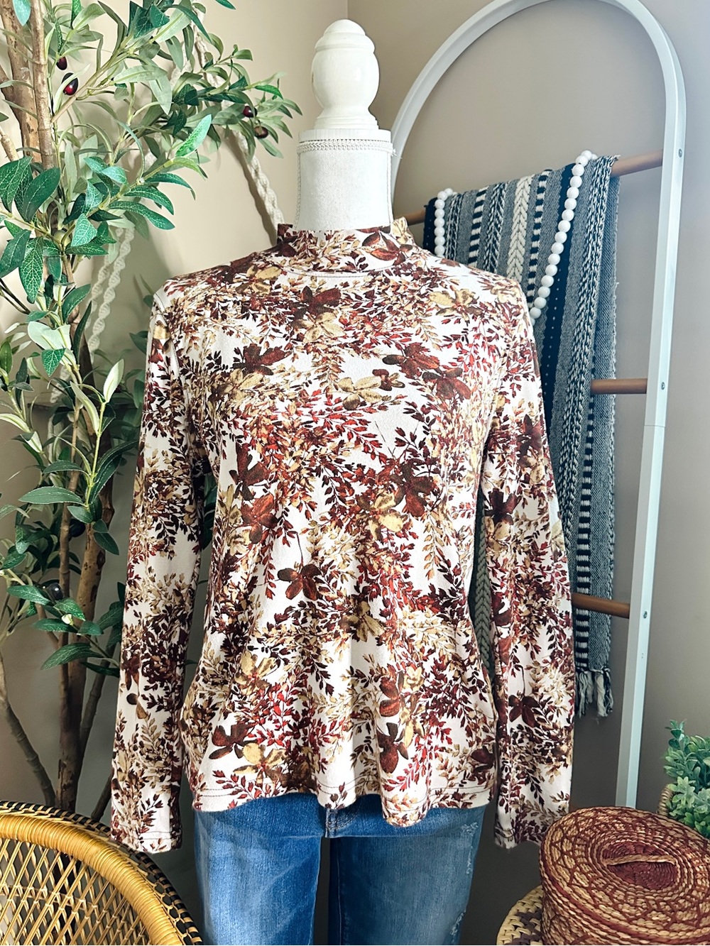 Vintage 90s Y2K Studio Works Petite Mock Neck Fall Leaf Print Top PM